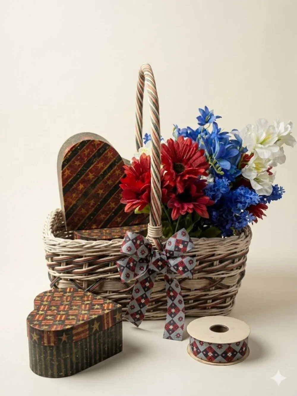 Old World Patriotic Decor Set; Bob’s Boxes Heart, 25yd Vintage Ribbon & Basket